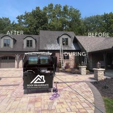House roof shown in three stages of restoration: after, during, and before, with a Roof Rejuvenate van in the driveway.