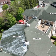 A large building roof labeled “before,” “during,” and “after” cleaning, showing sections in various stages of washing.