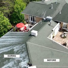 Aerial view of a building roof with labeled sections: "before," "during," and "after" a roofing project.